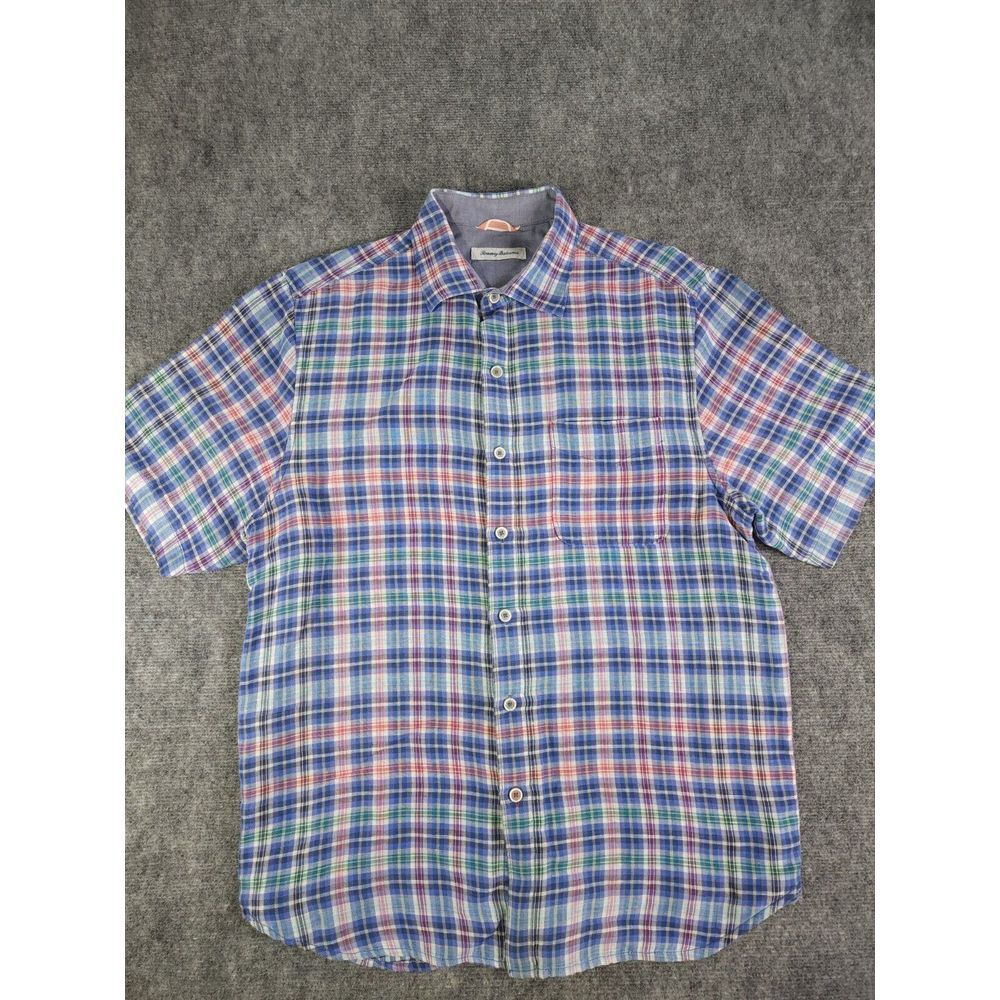 Tommy Bahama Shirt Medium‎ Short Sleeve Linen Blend Button Up Blue Red Plaid